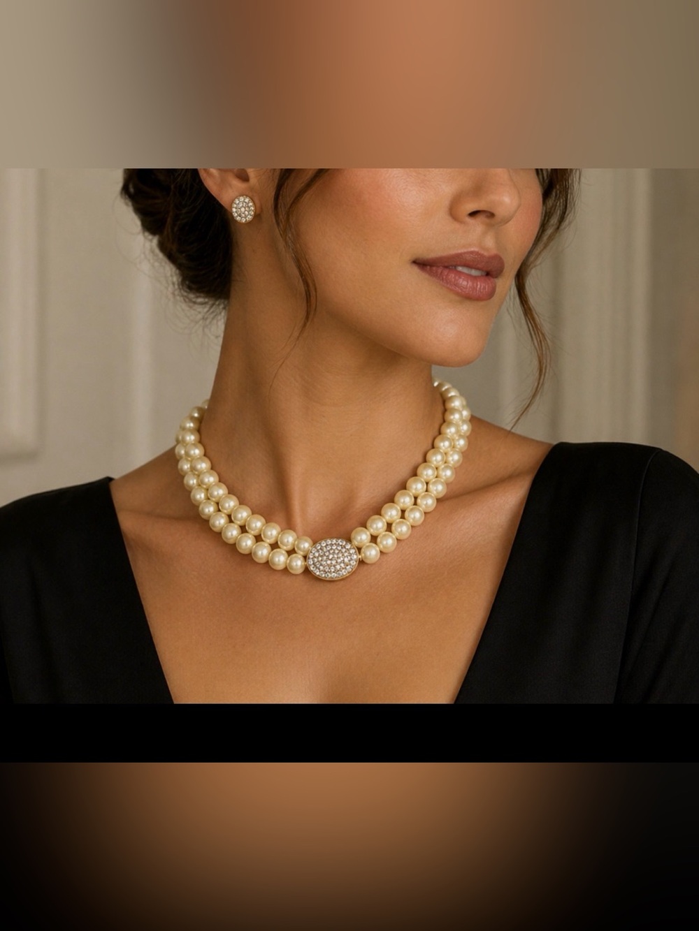 Vintage Necklace Double String Faux Pearls Rhinestones